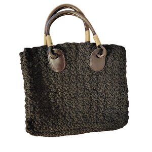 Carrie Forbes Black Braided Woven Double Leather Handle Shoulder Bag Purse